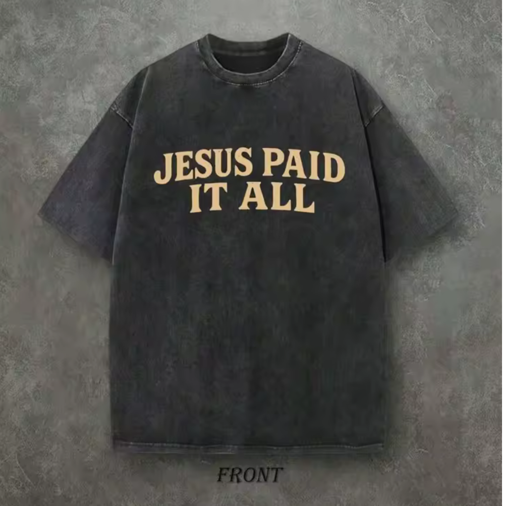 Black t-shirt with 'Jesus Paid It All' text on AliExpress
