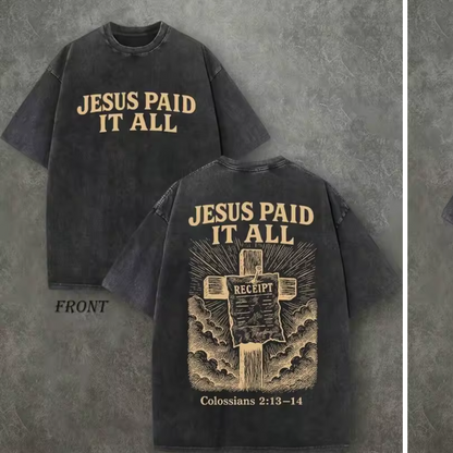 Black t-shirt with 'Jesus Paid It All' text on front and back, on a gray background